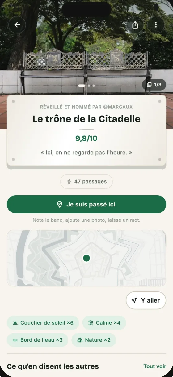 La fiche d'un banc noté dans Benchscape